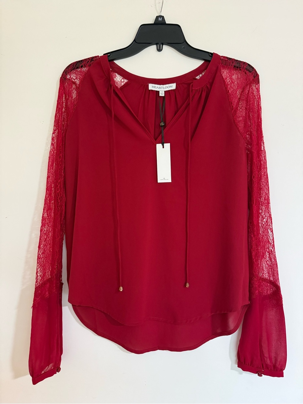 Heartloom Women's Burgundy Lace-Sleeve V-Neck Blouse